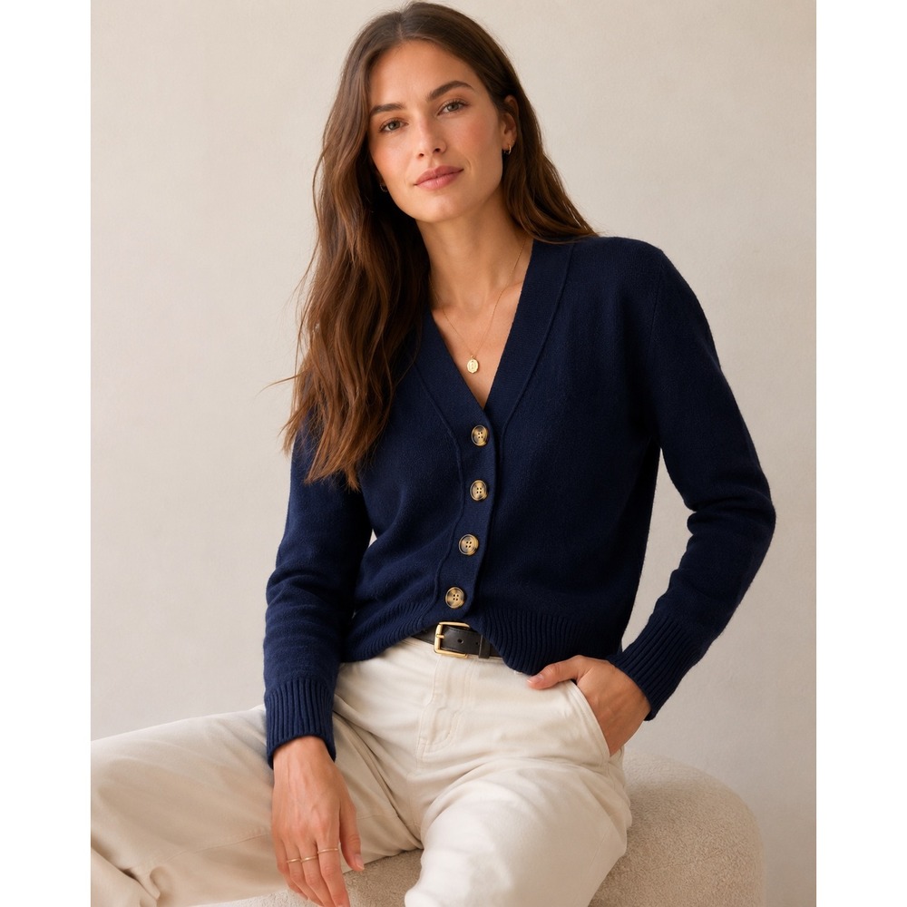 J Crew Everyday Cashmere Cropped Cardigan Sweater Navy Blue V-Neck Small
